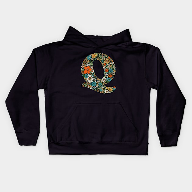 Hippie Floral Letter Q Kids Hoodie by zeljkica